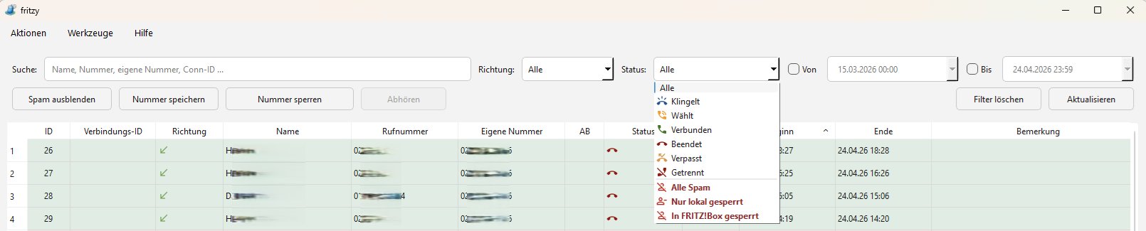 fritzy Statusfilter für FRITZ!Box Anrufliste