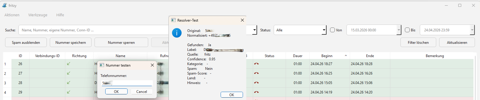 fritzy Resolver-Test für Rufnummernauflösung und Kontaktzuordnung
