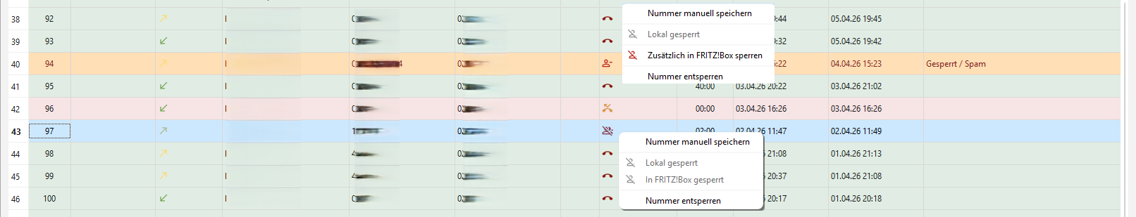 fritzy Kontextmenü zur Anzeige und Verwaltung gesperrter Rufnummern